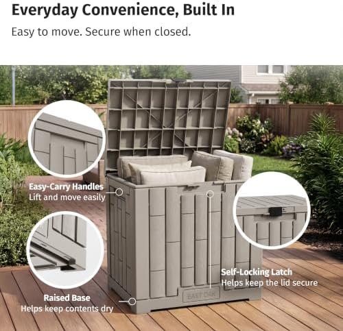 EAST OAK Outdoor Storage Box, 31 Gallon Deck Box, Waterproof Resin Storage Bin for Patio Cushions, Gardening Tools, Accessories, Lockable, UV Resistant, Brown
