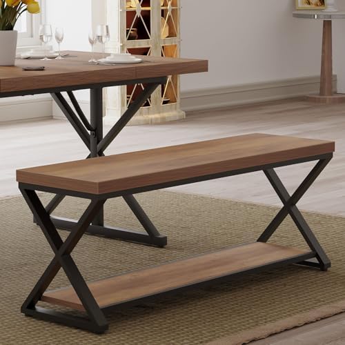 IBF Rustic Entryway Bench with Storage, Rustic Oak Wood and Metal Bench