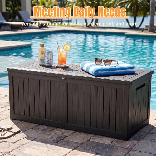Outdoor Storage Box, 390 Gallon Waterproof Resin Deck Box with Support Rod