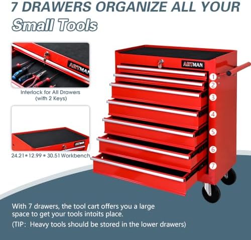 7 Drawers Rolling Tool Chest on Wheels, Multifunctional Tool Cart Tool Storage, Drawers Rolling Tool Trolley Organizer Tool Case for Garage,Warehouse,Workshop,Repair Shop (7 Drawers-Red)