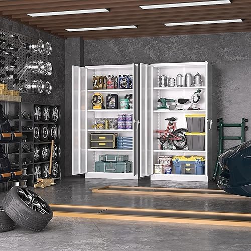 Greenvelly Metal Garage Storage Cabinet with 2 Doors & Adjustable Shelves, 72" Lockable Steel Tool Cabinet - White - (36" W x 18" D)