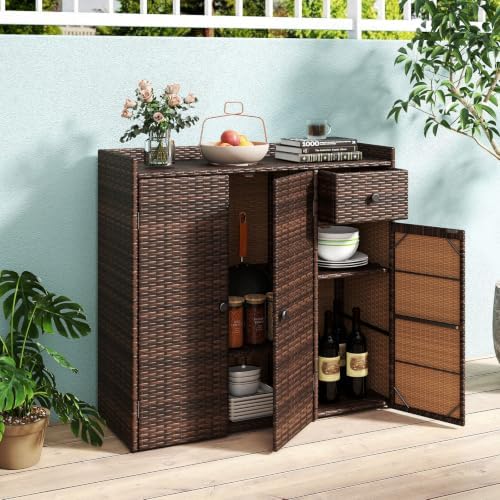 Tangkula Rattan Outdoor Storage Cabinet with 2 Adjustable Shelves