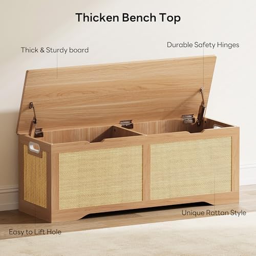 LIKIMIO 47.2" Rattan Storage Ottoman Bench Chest, Rustic Wood