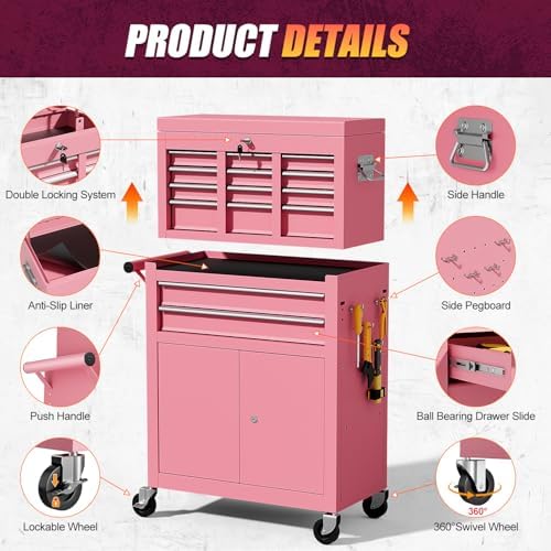 10-Drawer Rolling Tool Chest with wheels, Lockable 2-in-1 Tool Box