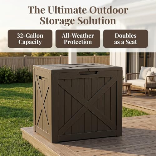 32 Gallon Waterproof Resin Storage Deck Box, Light Coffee