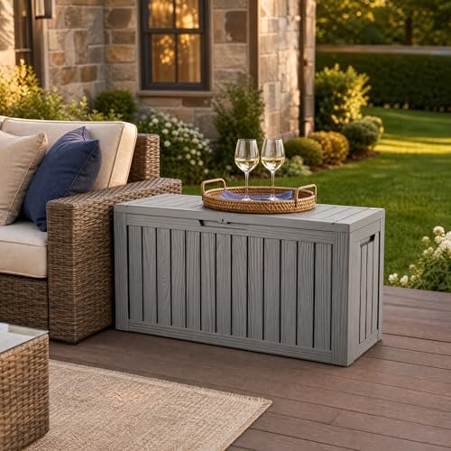 Outdoor Storage Box Resin Deck Box Waterproof Gray Brown 98 Gallon