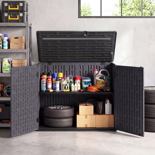 DREAMADE Horizontal Outdoor Storage Cabinet, 20 Cu.Ft Resin Shed, Brown