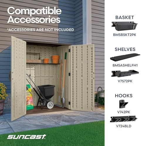 Suncast Outdoor Storage Shed, Water Resistant Resin Vertical Outdoor Storage Cabinet for Patio, Garden Tools, Cushions, & Equipment, Weatherproof Multi-Wall Design, 54 cu. ft., Made in USA
