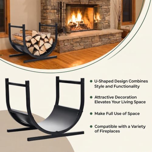 Goplus Firewood Rack, 17” U-Shaped Heavy-Duty Iron Log Rack with Stable Base & Carrying Holder, Indoor & Outdoor Decorative Wood Stacking Holder, Easy Set Up
