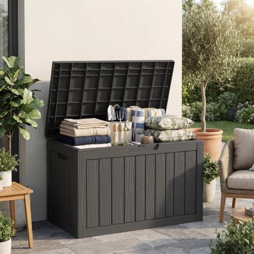 DRATO 60Gal Weatherproof Resin Deck Box, Black Lockable Outdoor Storage Bin