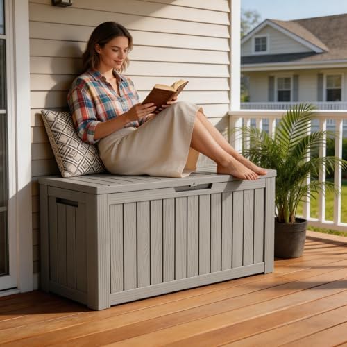 Mars Villa 90 Gallon Outdoor Storage Box, Deck Box Waterproof, Grey