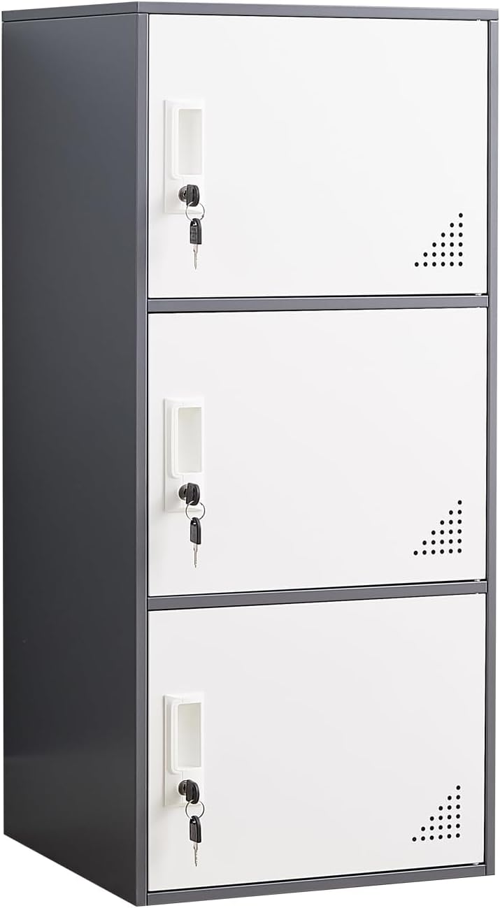 Student Locker Organizer, Multi-Door Steel Locker, Small Locking Cabinet Storage Organizer, Office File Cabinet, Home Locker, Gym Locker, Metal Storage Locker (3 Door, Gray & White)