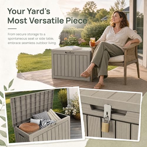 Outdoor Storage Box Resin Deck Box Waterproof Gray Brown 51 Gallon