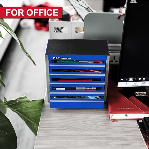 P.I.T. Mini Tool Box,Small Metal Toolbox Organizer with 5 Drawers,Blue