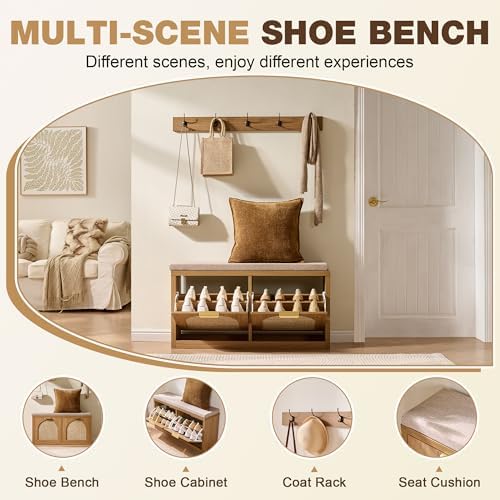 Rattan Narrow Entryway Bench with Shoe Storage, 2 Flip Drawers & Coat Rack, Mid-Century Modern Wood Shoe Cabinet with Seat Cushion for Foyer/Hallway (Rustic Oak Rattan)