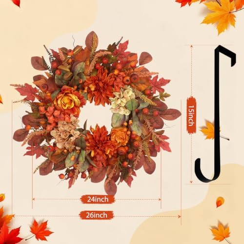 Autumn Harvest Wreath for Front Door 26 Inch, Fall Decor with Orange Dahlias ...