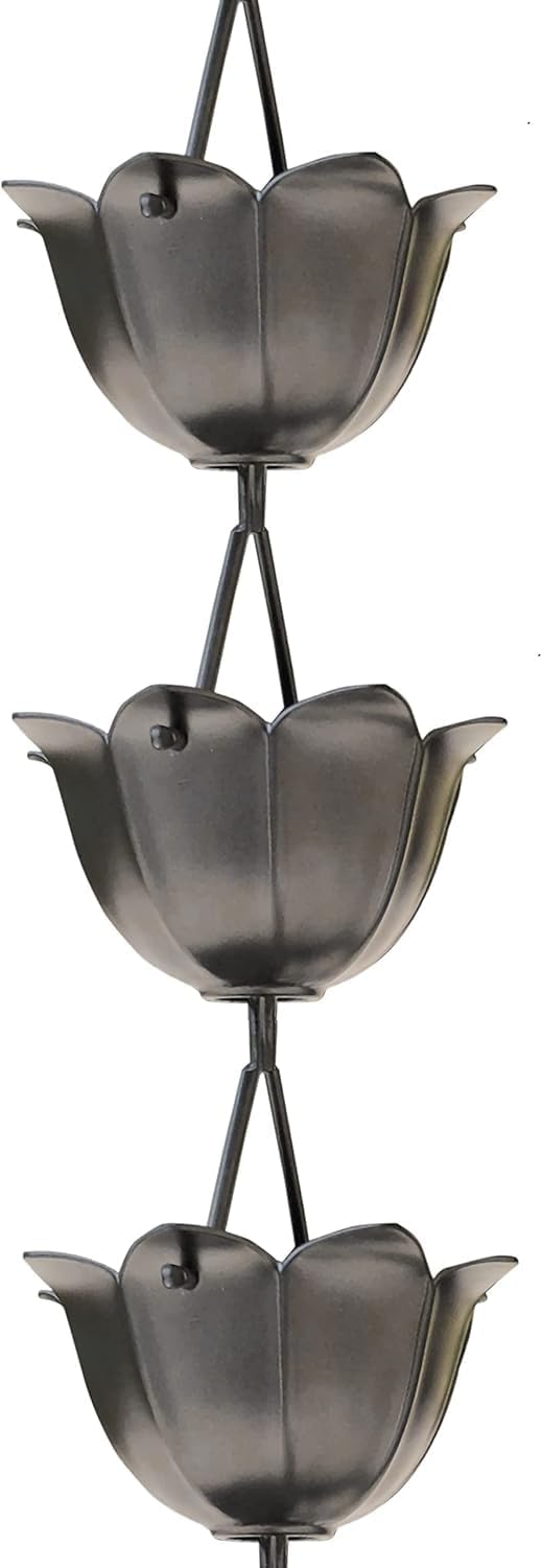 Monarch Rain Chains Aluminum Lotus Pewter Rain Chains for Gutters – 8.5 ft Pe...