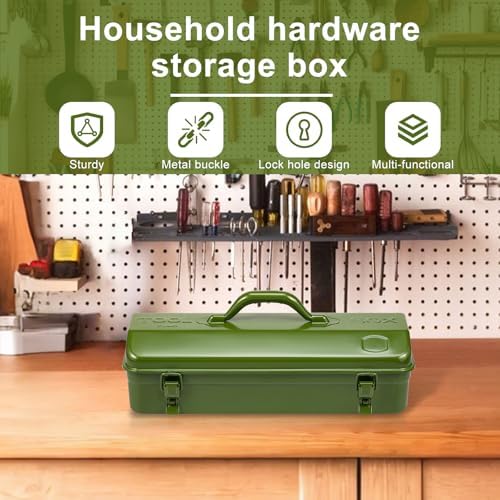 Tool Box, 16.9" Portable Metal Tool Organizer Box with Double Latch Closure and Handle, Heavy Duty Hip Roof Style Tool Chest for Household Workshop Car (Green)