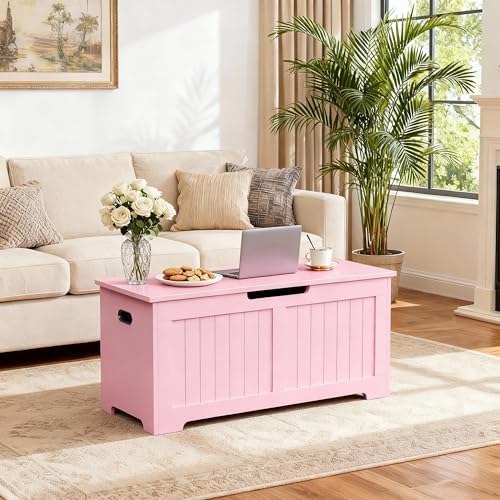 SUPER DEAL Storage Chest, 39 inches Chest Box Organizer with 2 Safety Hinges, Wooden Entryway Shoe Organizer Storage Bench, Pink
