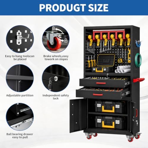 Mobile Tool Cart, Tool Chest with Locking Wheels, Charging Station