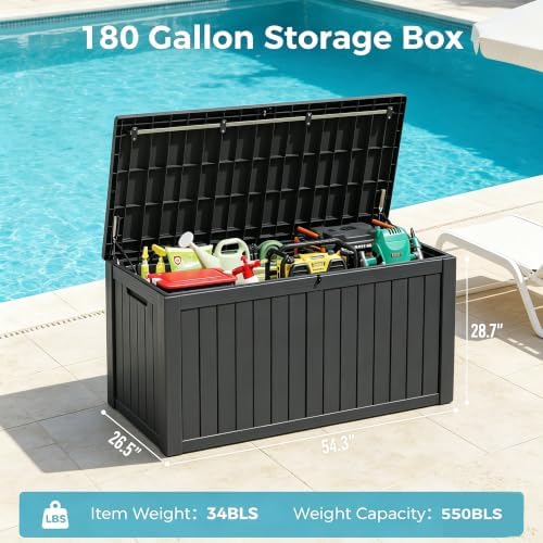 Resin Outdoor Deck Storage Box Waterproof (Black, 180 Gallon)