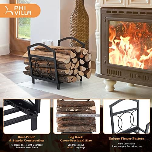 PHI VILLA 17 Inch Small Firewood Rack Indoor/Outdoor Wood Holder, Black