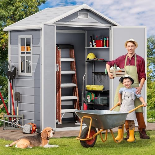 DWVO 6X4FT Resin Outdoor Storage Shed with Floor, Window & Vents, Tool Shed