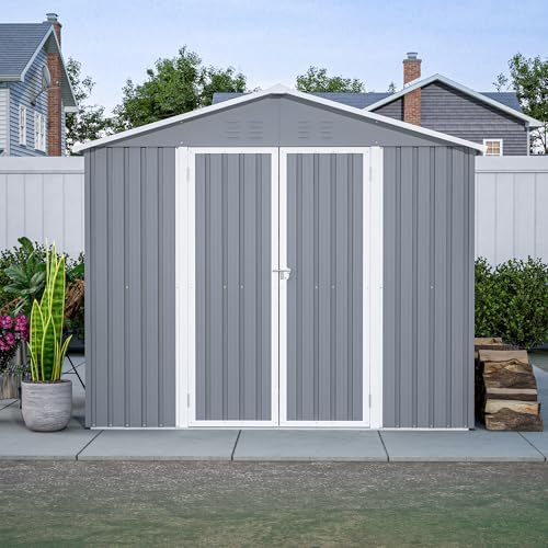 YOPTO 8x12 FT Outdoor Storage Shed W/Floor Frame,Metal Shed W/Double Lockable Doors,Garden Tool House W/ 2 Vents & Sloped Roof,for Backyard Patio Lawn,Gray