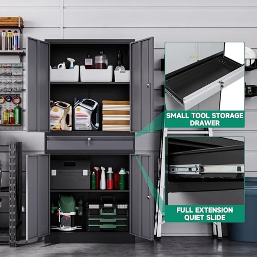 Letaya Metal Garage Storage Cabinet with Drawer,4 Door Tool Cabinet with Lock-2 Adjustable Shelves for Garage Home Office Utility Room (Black & Gray)