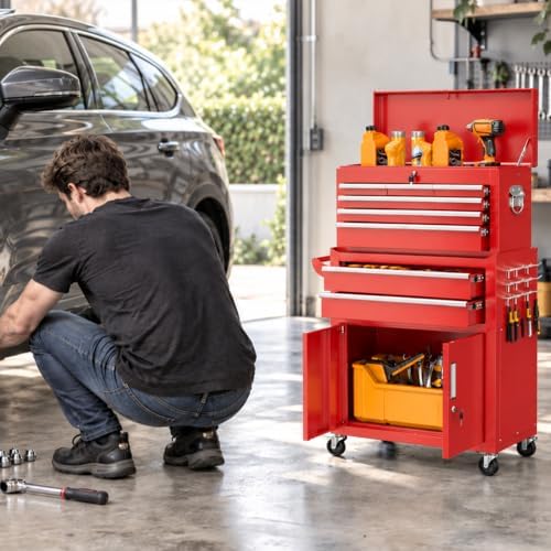 Bonusall 8 Drawer Rolling Tool Chest and Cabinet Combo,Heavy-Duty Metal Garage Tool Chest with Wheels and 2 Doors,2-in-1 Top Box and Roller Cabinet Combo for Garage, Workshop, Warehouse-Red