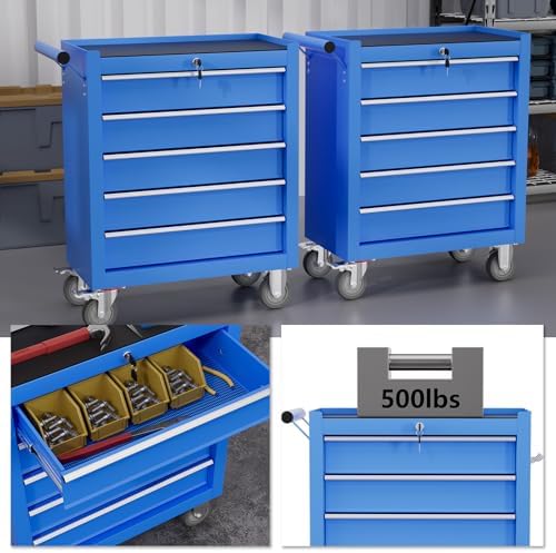 5-Drawer Tool Chest,Rolling Tool Cart with Wheels,High Capacity Tool Cabinet with Locking System for Garage, Warehouse, Workshop-Blue