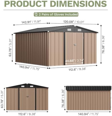 Aoxun 10x12 FT Outdoor Storage Shed with Lockable Double Door, Light Brown