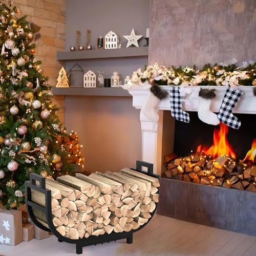30 Inch Firewood Rack Outdoor Indoor with Handle and Log Carrier Bag, Stable Metal Wood Rack Heavy Duty Log Holder for Fireplace Patio Deck, Rustproof Firewood Storage Organizer Tool, Black