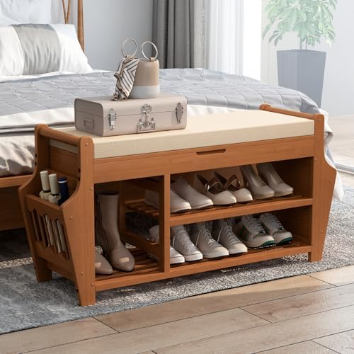 39.4in Shoe Bench with 2 Holder, 3 Tier Bamboo Entryway Bench with Storage