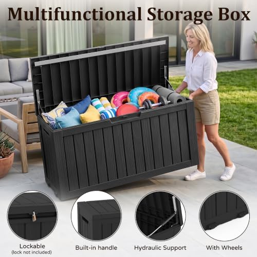 Outdoor Storage Box,130 Gallon Lockable Deck Box with Wheels,Black