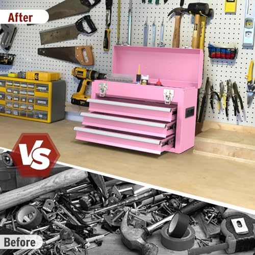 3 Drawers small Tool Box, Portable 3 Drawer Steel Tool Box with Locking System toolbox organization with Liner for Tools Storage (Pink)
