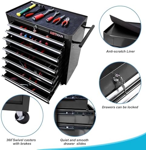 7 Drawers Rolling Tool Cart on Wheels, Multifunctional Organizer Tool Chest Tool Case, Trolley Tool Storage Tool Box for Workshop,Garage,Repair Shop (7 Drawers 24.2" W×12.9" D×30.51" H-Black)