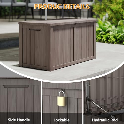 80 Gallon Deck Boxes Outdoor Waterproof, Outdoor Storage Box with Lockable Lid & UV-Resistant for Patio Furniture, Outdoor Cushions, Garden Tools and Pool Supplies, Light Brown