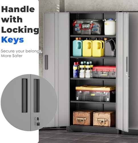 INTERGREAT Storage Cabinet with Doors and Shelves, Metal Garage Storage Cabinets with Lock, Lockable Steel Supply Cabinet for Home Office, Warehouse (Black Grey)