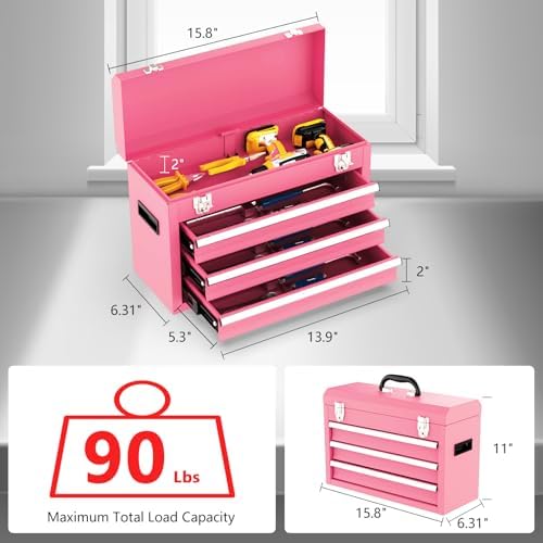3 Drawer Metal Tool Box, Portable Metal Tool Box with EVC Liners and Latches Closure, Heavy Duty Steel Tool Chest with Ball Bearing Opening and Powder Coated Finish, Pink