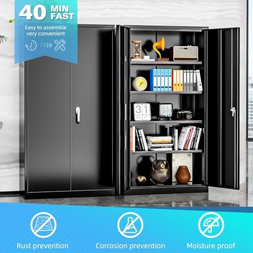 Bonusall Metal Tool Garage Cabinets with 2 Door and 4 Shelves, Locking Cabinet for Garage Storage,Tall Garage Storage Cabinets for Home Office, Warehouse,School(Black)