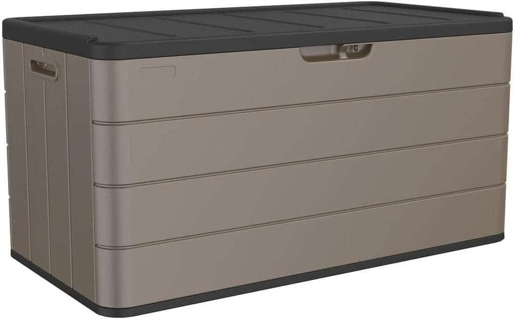 Outdoor Storage Box Waterproof, 100 Gallon Plus Lockable Resin Deck Box Large, Patio Storage Bin for Pool Accessories Cushion Furniture, Garden Tools, UV-Resistant Outside Delivery Brown