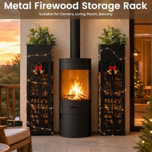 12" Firewood Rack Outdoor with Planter & Reinforced Bottom, Black