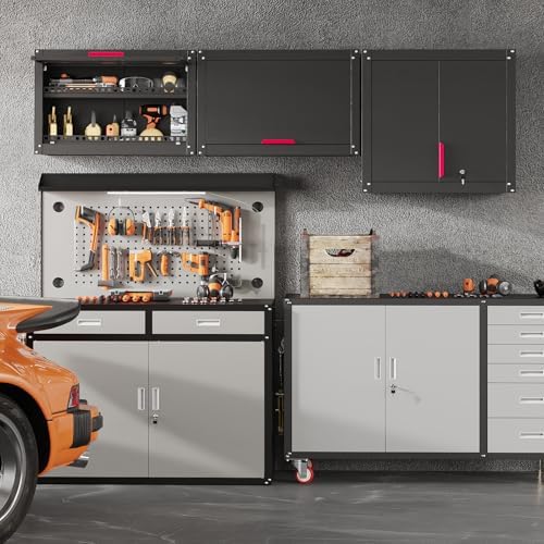 30" W Garage Wall Cabinet,Up Flip Door Metal Wall Cabinet with Adjustable Shelf,Wall Cabinets with Anti-Fall Rails for Workshop/Basement/Utility Room