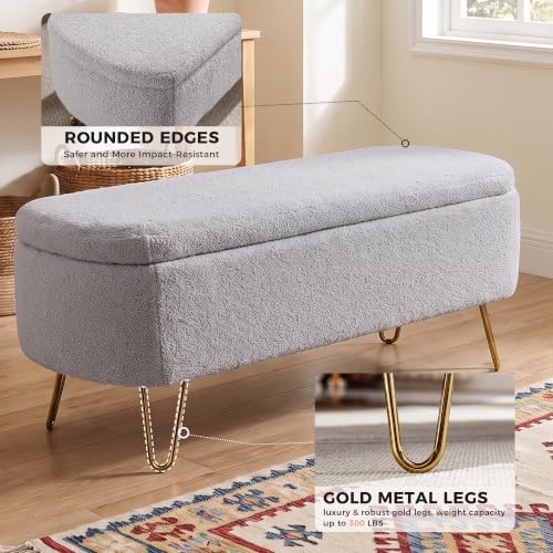 End of Bed Storage Bench for Bedroom, Small Boucle Storage Ottoman for Living Room Entryway, Teddy Fabric Upholstered Under Window Bench, Gold Legs, Grey