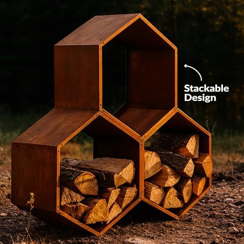 Sunnydaze Steel Outdoor Firewood Rack, 30” W, Hexagon, Bronze