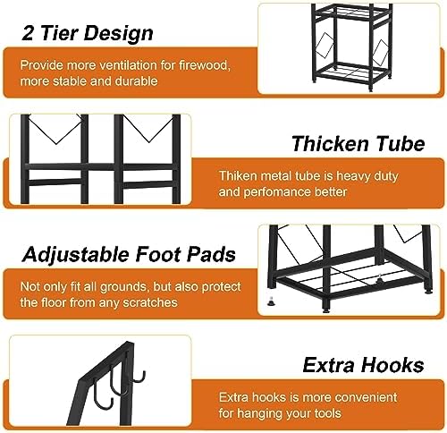 VyGrow Firewood Rack for Indoor, 2-Tier Firewood Holder with 3 Hanging Hooks, Heavy Duty Wood Rack for Outdoor Patio, Black