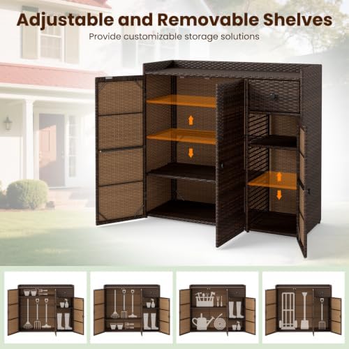 Tangkula Rattan Outdoor Storage Cabinet with 2 Adjustable Shelves