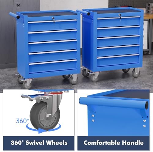 5-Drawer Tool Chest,Rolling Tool Cart with Wheels,High Capacity Tool Cabinet with Locking System for Garage, Warehouse, Workshop-Blue