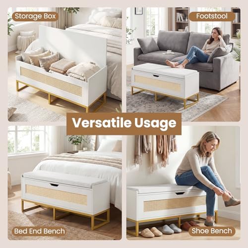 Giantex Rattan Shoe Bench, Flip-Top Entryway Bench with Removable Padded Seat & Hidden Storage, Wooden Shoe Storage Chest with Metal Legs for Bedroom, Hallway, 440 lbs Max Load (White & Gold)